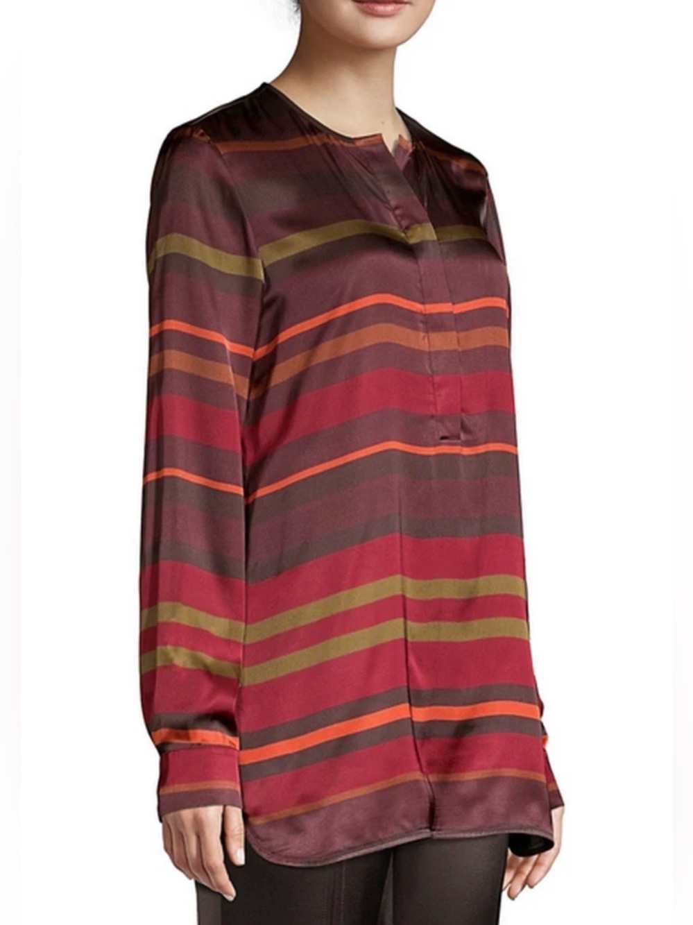 Striped Silk-Feel Long Sleeve Tunic Top - Burgundy sleeves altered